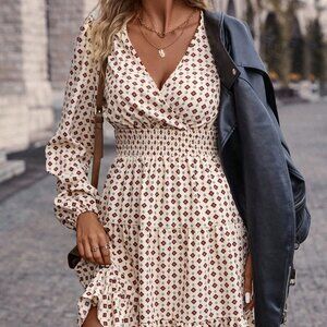 Multicolor Boho Womens Allover Print Surplice Neck Ruffle Hem Dress